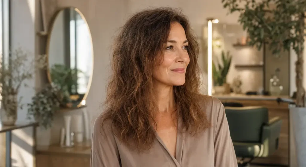 Donna con capelli castani secchi e crespi in salone